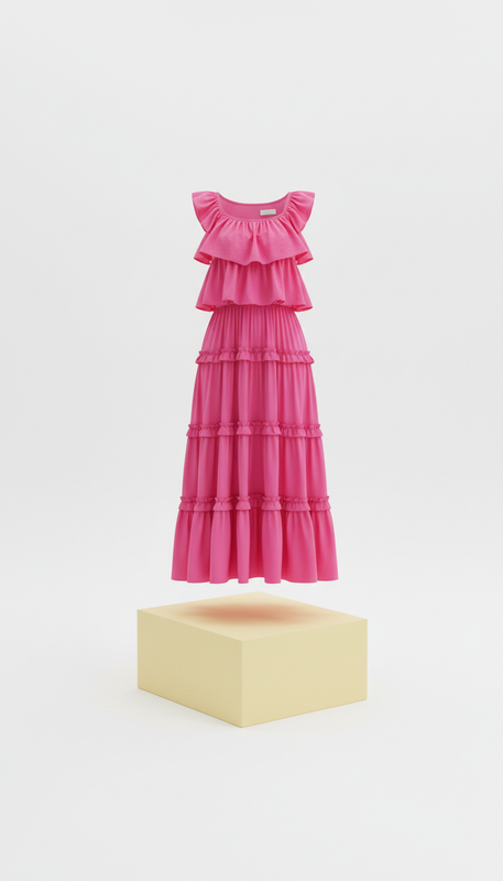 Hot pink ruffle midi dress