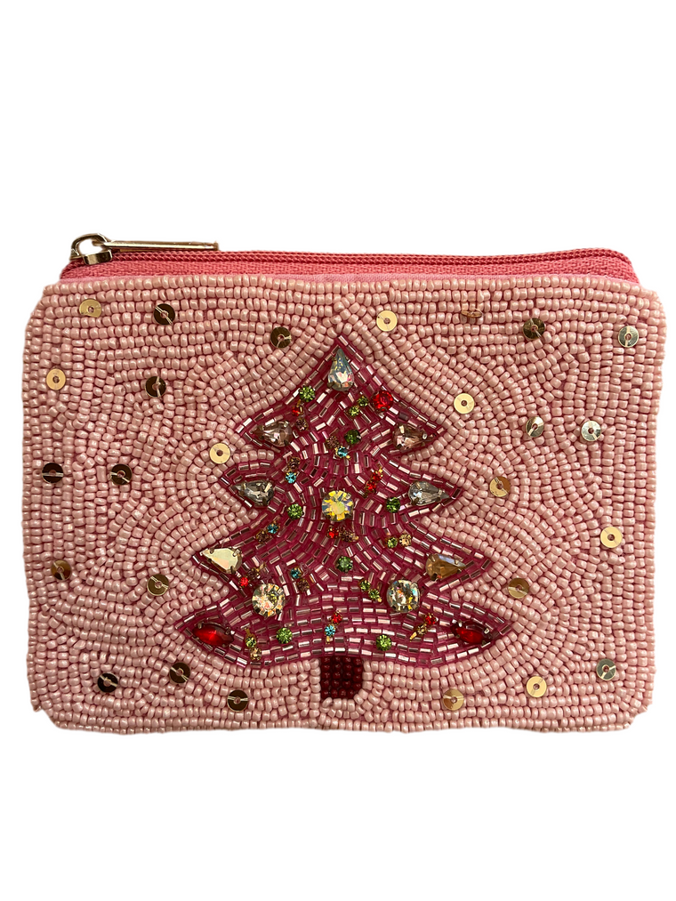 Pink Christmas Beaded Coin Purse