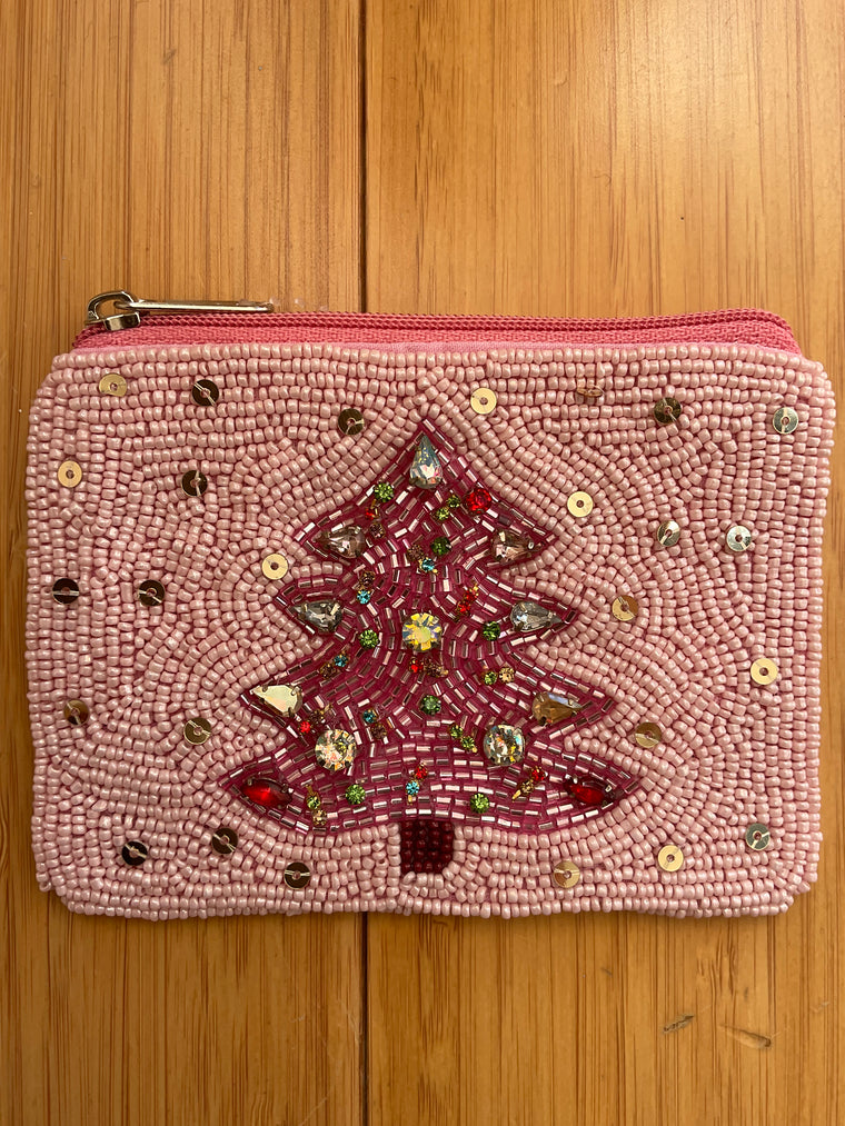 Pink Christmas Beaded Coin Purse